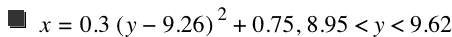 x=0.3*[y-9.26]^2+0.75,8.949999999999999<y<9.619999999999999