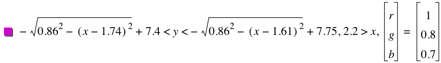 -sqrt(0.86^2-[x-1.74]^2)+7.4<y<-sqrt(0.86^2-[x-1.61]^2)+7.75,2.2>x,vector(r,g,b)=vector(1,0.8,0.7)