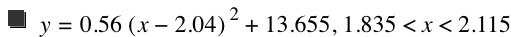 y=0.5600000000000001*[x-2.04]^2+13.655,1.835<x<2.115