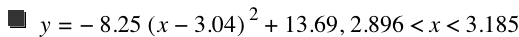 y=-(8.25*[x-3.04]^2)+13.69,2.896<x<3.185