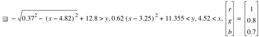 -sqrt(0.37^2-[x-4.82]^2)+12.8>y,0.62*[x-3.25]^2+11.355<y,4.52<x,vector(r,g,b)=vector(1,0.8,0.7)