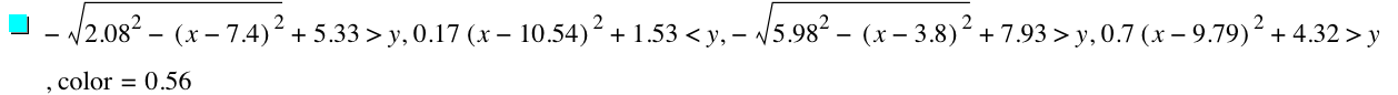 -sqrt(2.08^2-[x-7.4]^2)+5.33>y,0.17*[x-10.54]^2+1.53<y,-sqrt(5.98^2-[x-3.8]^2)+7.93>y,0.7*[x-9.789999999999999]^2+4.32>y,'color'=0.5600000000000001