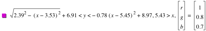 sqrt(2.39^2-[x-3.53]^2)+6.91<y<-(0.78*[x-5.45]^2)+8.970000000000001,5.43>x,vector(r,g,b)=vector(1,0.8,0.7)