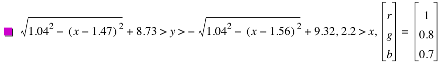 sqrt(1.04^2-[x-1.47]^2)+8.73>y>-sqrt(1.04^2-[x-1.56]^2)+9.32,2.2>x,vector(r,g,b)=vector(1,0.8,0.7)