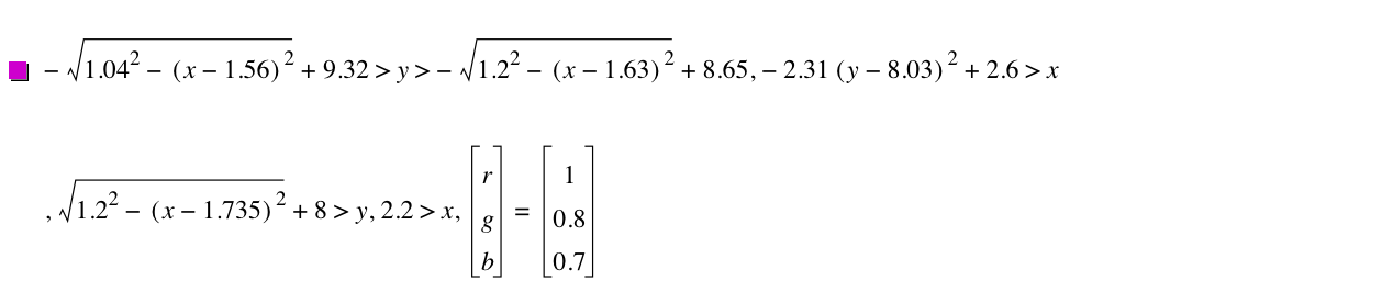 -sqrt(1.04^2-[x-1.56]^2)+9.32>y>-sqrt(1.2^2-[x-1.63]^2)+8.65,-(2.31*[y-8.029999999999999]^2)+2.6>x,sqrt(1.2^2-[x-1.735]^2)+8>y,2.2>x,vector(r,g,b)=vector(1,0.8,0.7)